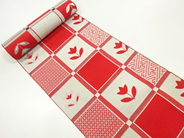 JAPANESE KIMONO / ANTIQUE BOLT FOR HASSUN OBI / WOVEN FLOWER & GRID